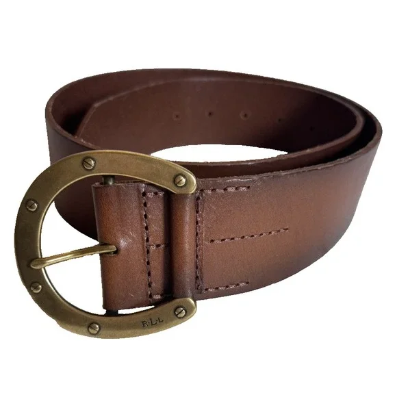 Ralph Lauren Brown Leather Belt Brass Horseshoe Buckle Western 33.5" Equestrian - Picture 1 of 9